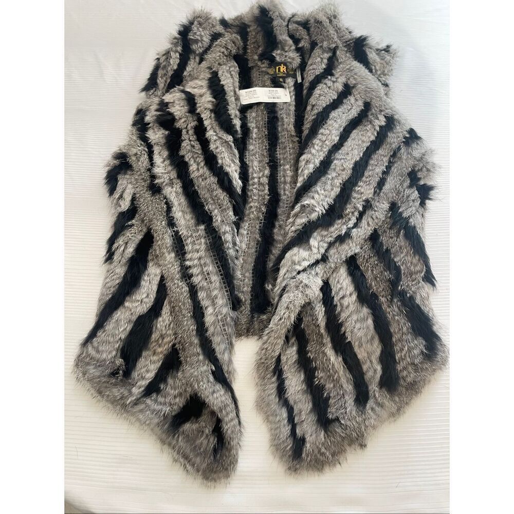 NWT Metric Knits Fur Collection Grey Black Rabbit Fur Sleeveless Cardigan Small